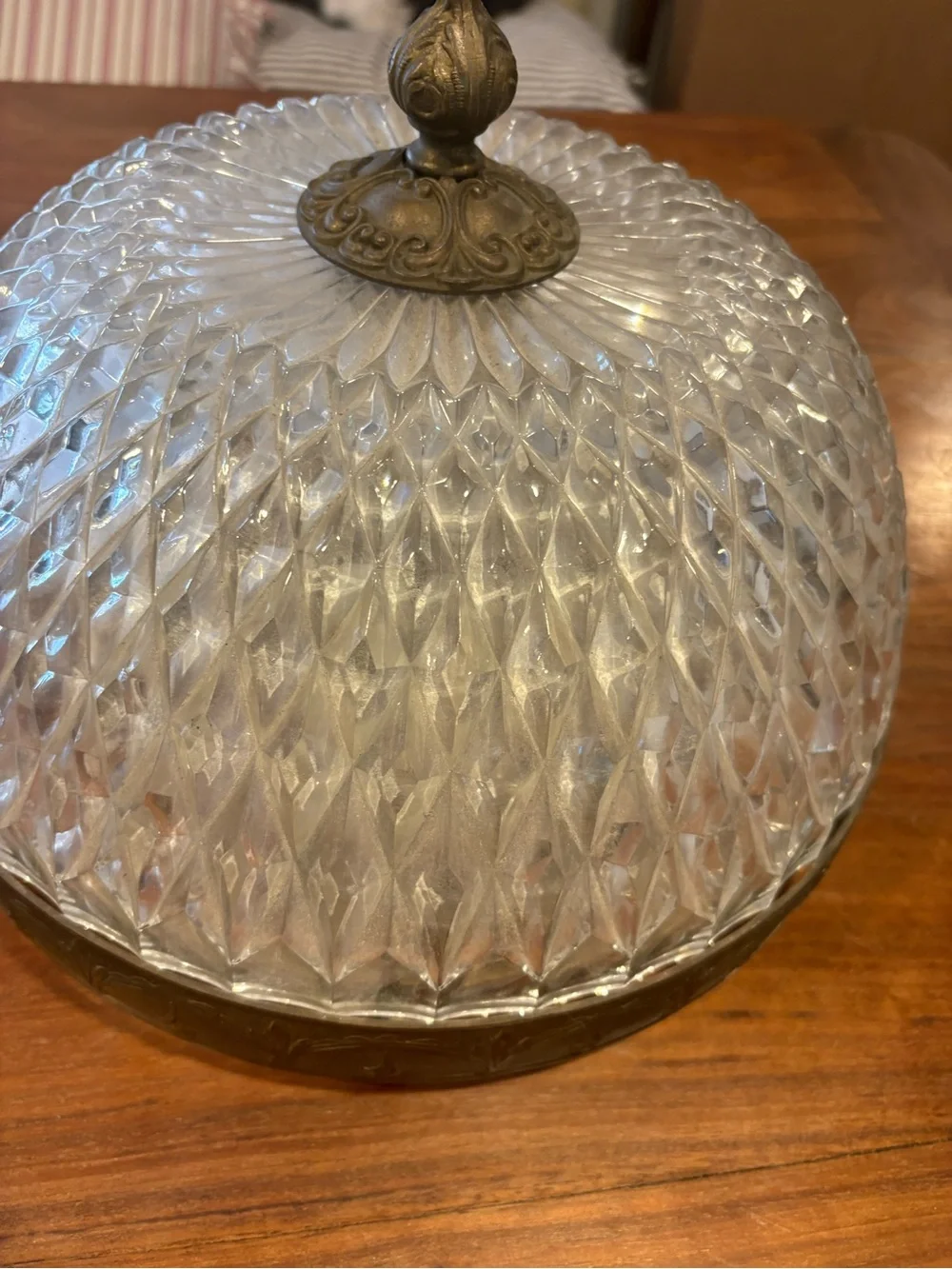 Vintage Glass Dome Ceiling Fixture in Frosted Clear with Brass Trim